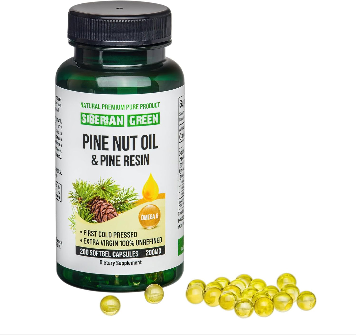 Wild Harvested Siberian Green Pine Nut Oil Capsules with Pine Resin - 200 Softgels, Cold Pressed & Unrefined from Altai Siberia