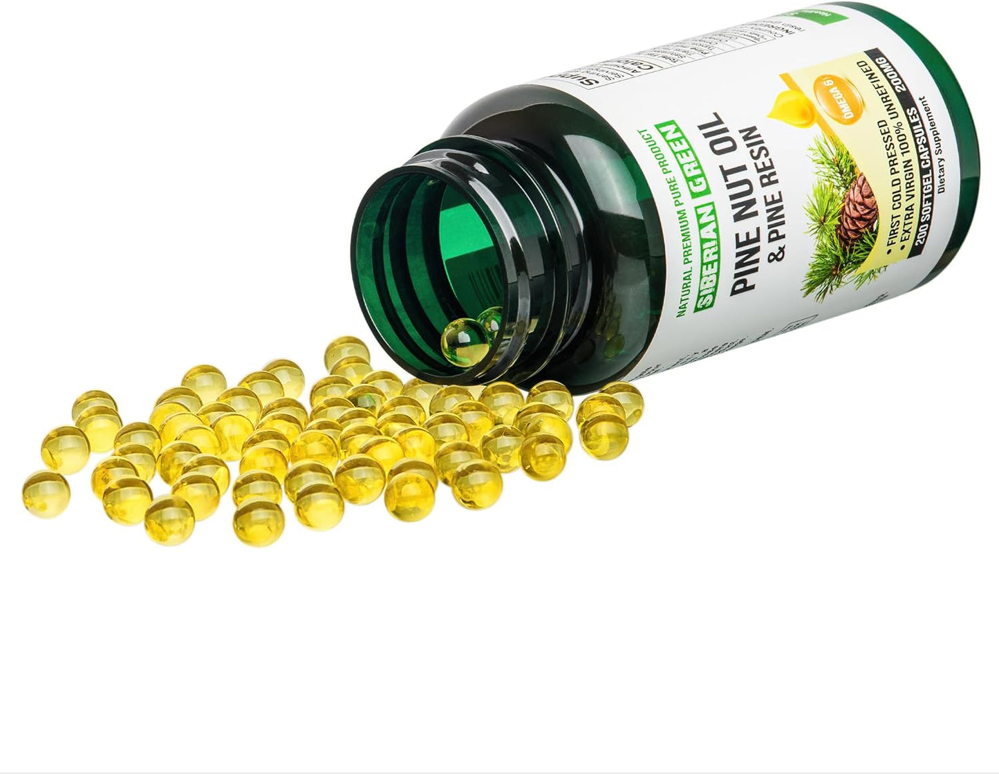 Wild Harvested Siberian Green Pine Nut Oil Capsules with Pine Resin - 200 Softgels, Cold Pressed & Unrefined from Altai Siberia