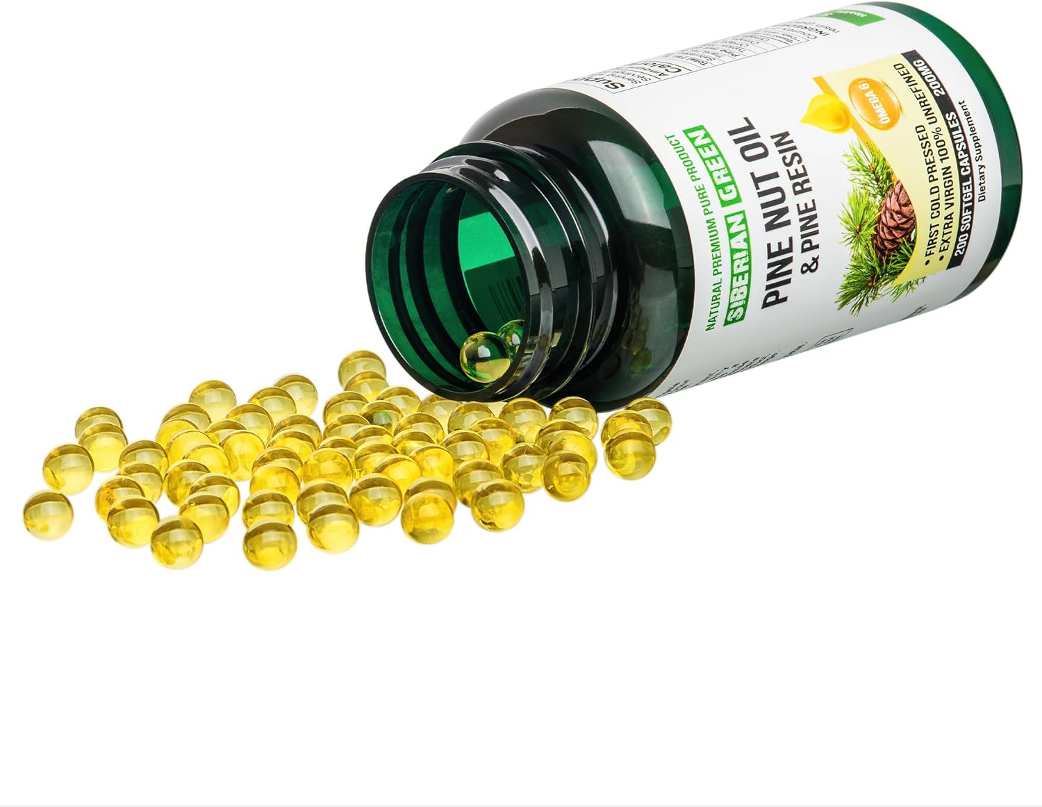 Wild Harvested Siberian Green Pine Nut Oil Capsules with Pine Resin - 200 Softgels, Cold Pressed & Unrefined from Altai Siberia