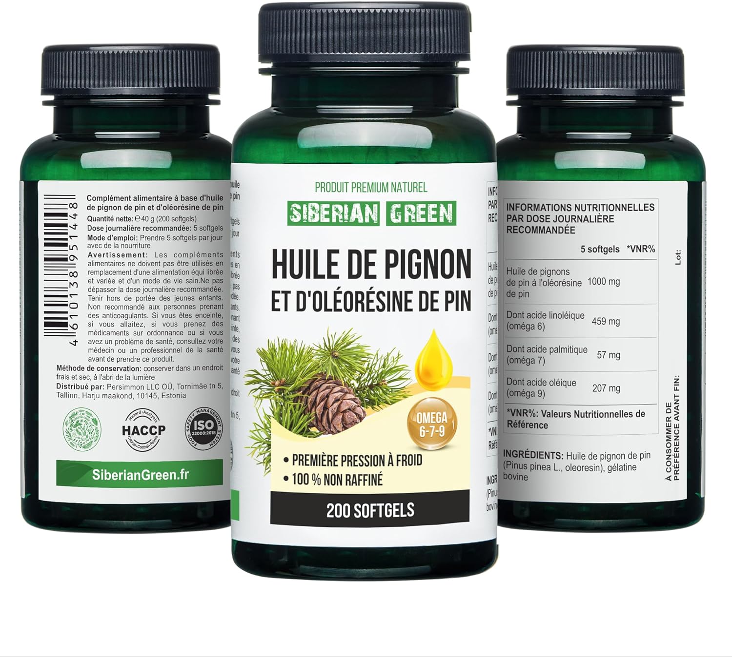 Wild Harvested Siberian Green Pine Nut Oil Capsules with Pine Resin - 200 Softgels, Cold Pressed & Unrefined from Altai Siberia
