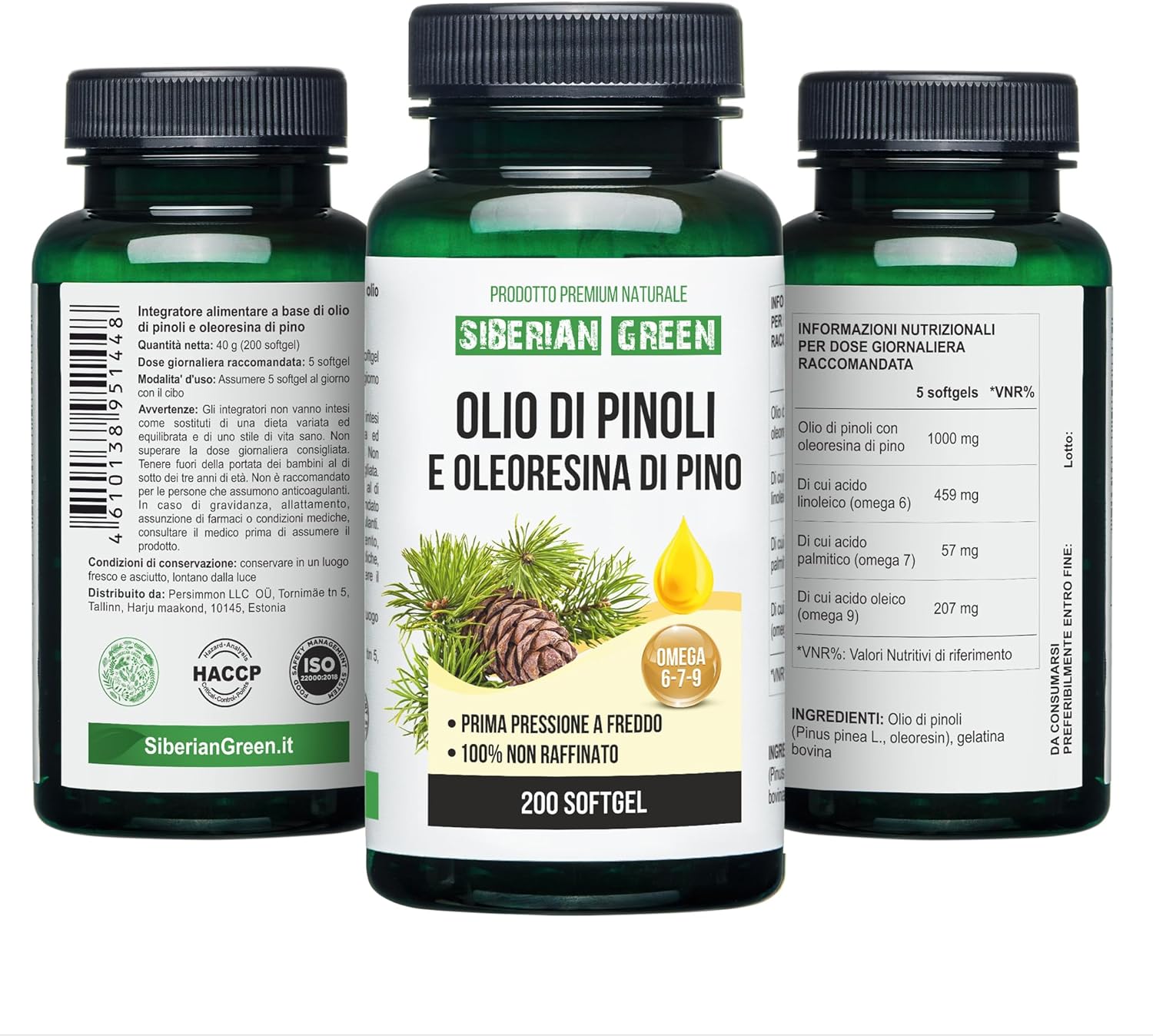 Wild Harvested Siberian Green Pine Nut Oil Capsules with Pine Resin - 200 Softgels, Cold Pressed & Unrefined from Altai Siberia