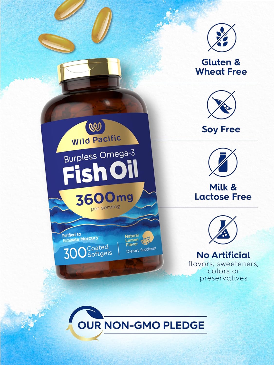 Wild Pacific Carlyle Burpless Fish Oil Softgels - Lemon Flavor | 3600 mg Omega-3 Fatty Acids | Non-GMO, Gluten Free - 300 Count