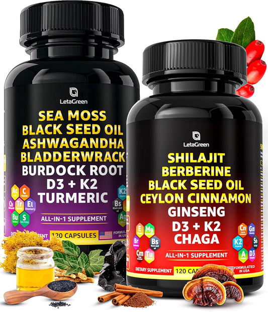 Wildcrafted LetaGreen Irish Sea Moss & Himalayan Shilajit Capsules with Black Seed Oil, Burdock Root, Bladderwrack Powder - 120 Fulvic Acid Pills