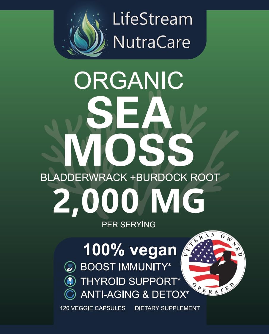 Wildcrafted Sea Moss Capsules with Bladderwrack & Burdock Root - 92 Essential Vitamins & Minerals for Immune Support, Anti-Aging - 120 Capsules, USA Quality