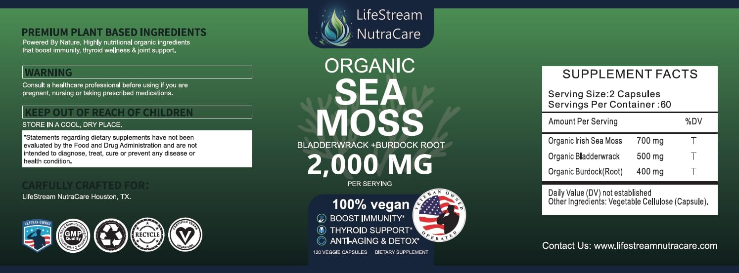 Wildcrafted Sea Moss Capsules with Bladderwrack & Burdock Root - 92 Essential Vitamins & Minerals for Immune Support, Anti-Aging - 120 Capsules, USA Quality