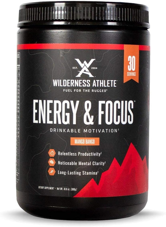 Wilderness Athlete Energy Pre Workout Powder - Natural Caffeine for Men & Women - Mango Bango Flavor - Low-Carb, Zero Sugar, No Crash - 30 Servings