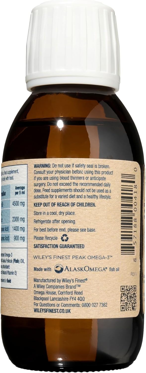 Wiley's Finest Peak Omega-3 Liquid: Natural Wild Alaskan Fish Oil Supplement, 2150mg EPA + DHA, 25 Servings