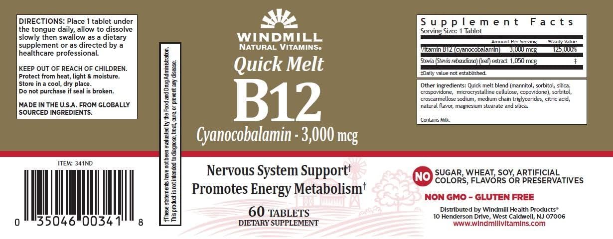 Windmill B-12 3000 mcg Quick Melt Tablets 60 Each (Pack of 2)