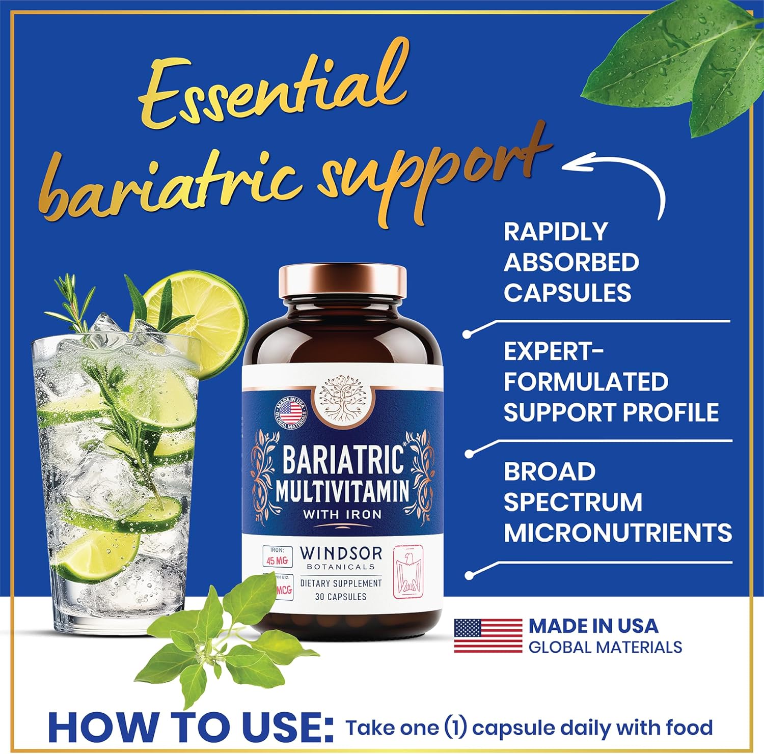 WINDSOR BOTANICALS 45mg Iron Bariatric Multivitamin - Easy One a Day for Women and Men - Gastric Bypass, Sleeve Recovery - 30 Capsules