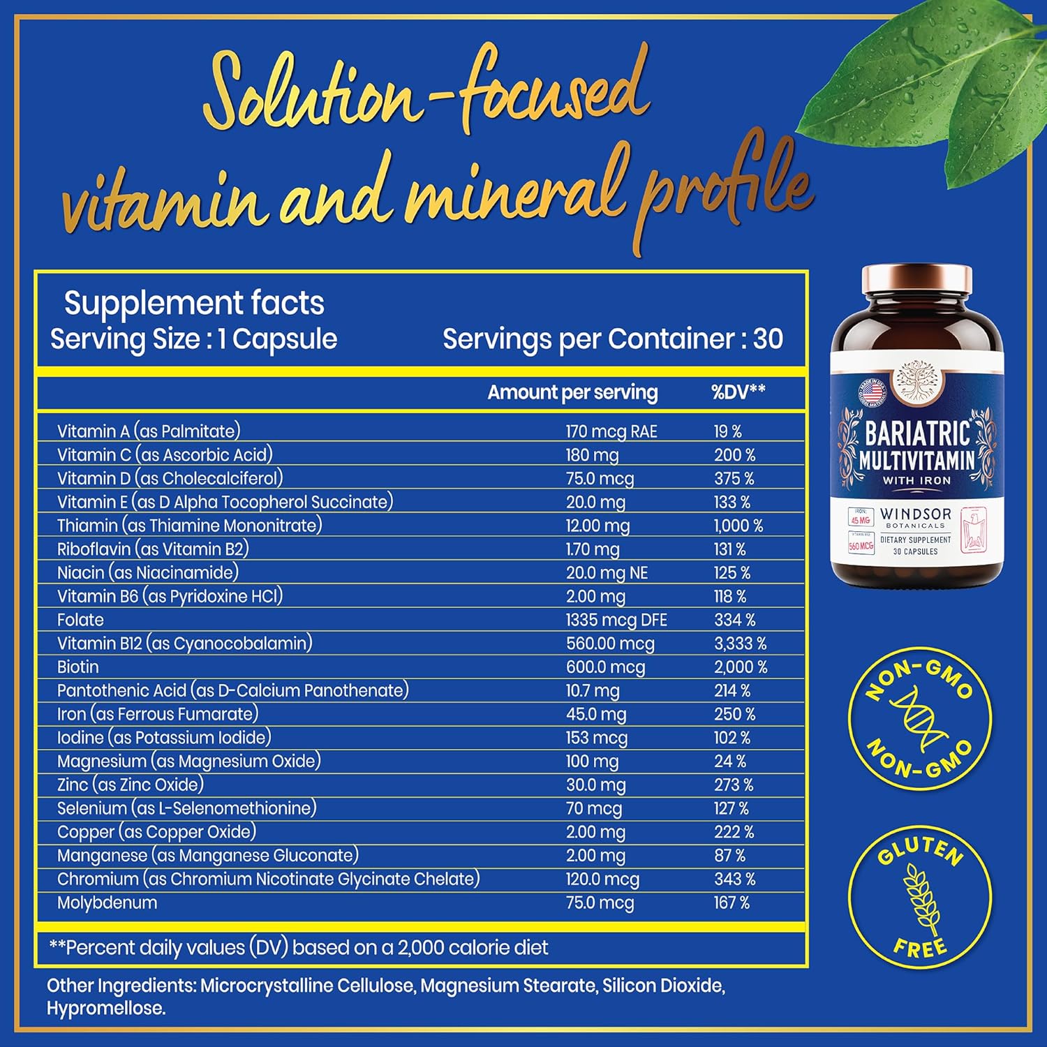 WINDSOR BOTANICALS 45mg Iron Bariatric Multivitamin - Easy One a Day for Women and Men - Gastric Bypass, Sleeve Recovery - 30 Capsules