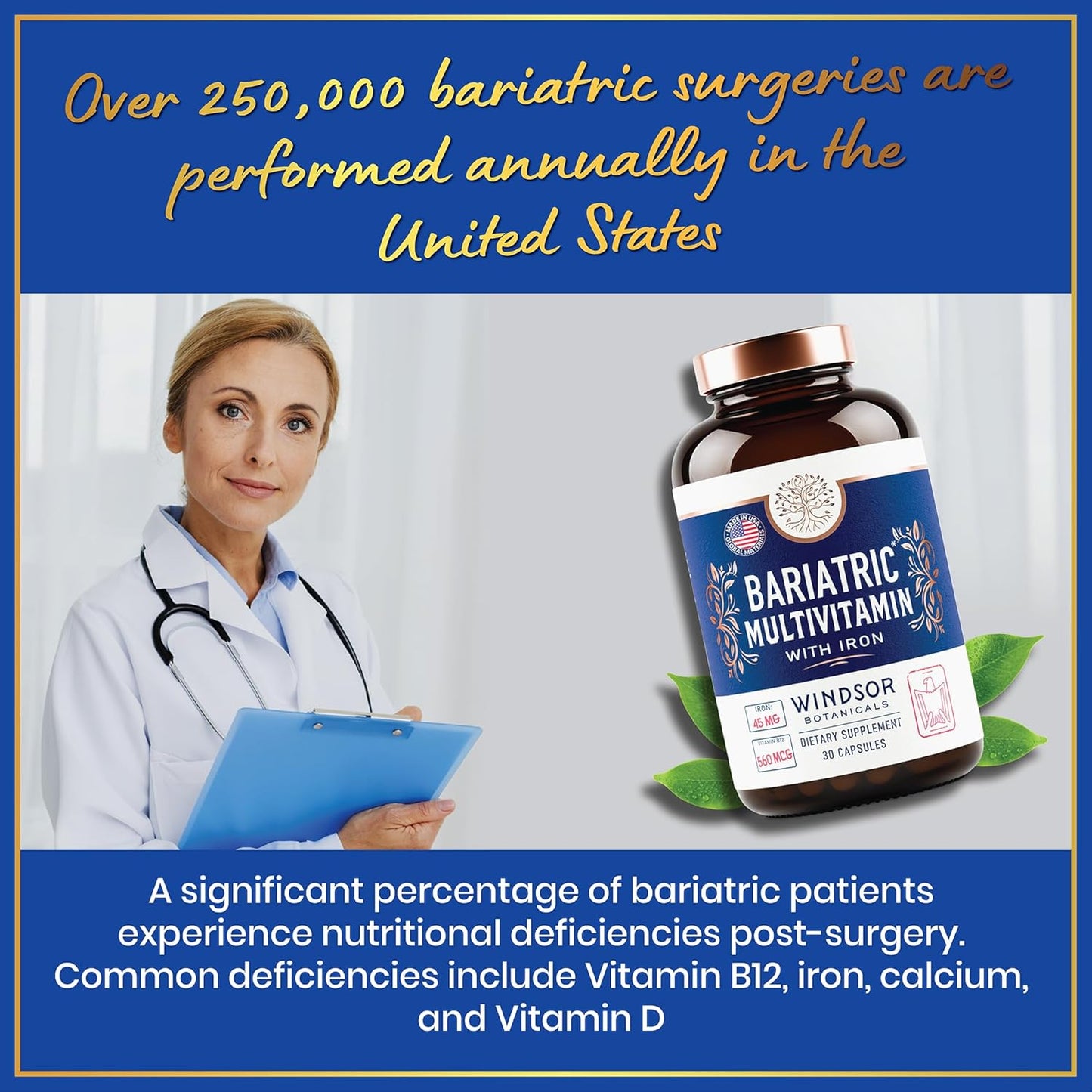 WINDSOR BOTANICALS 45mg Iron Bariatric Multivitamin - Easy One a Day for Women and Men - Gastric Bypass, Sleeve Recovery - 30 Capsules