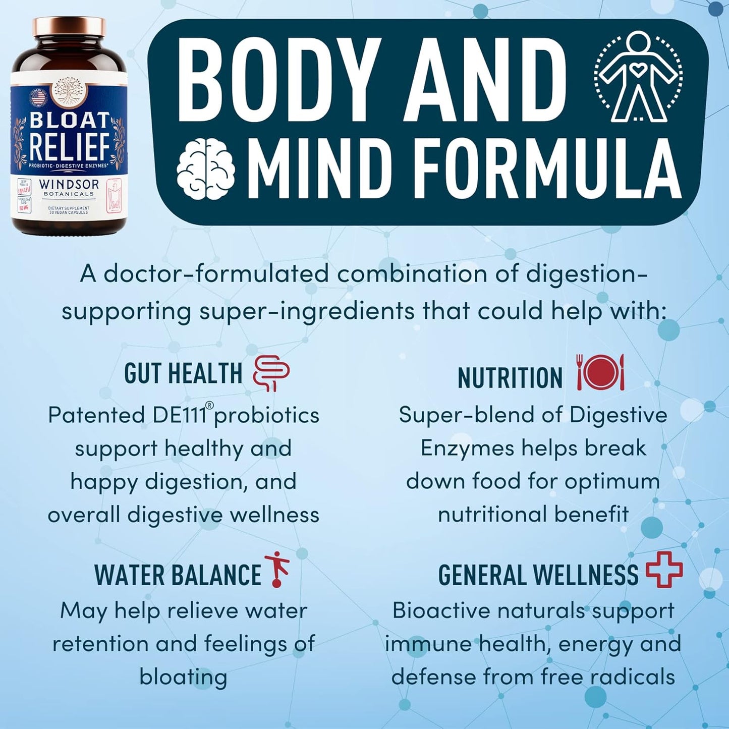 WINDSOR BOTANICALS Bloat Relief Probiotic Enzymes with Turmeric and Fennel - Digestive Health Supplement for Men and Women - 30 Capsules