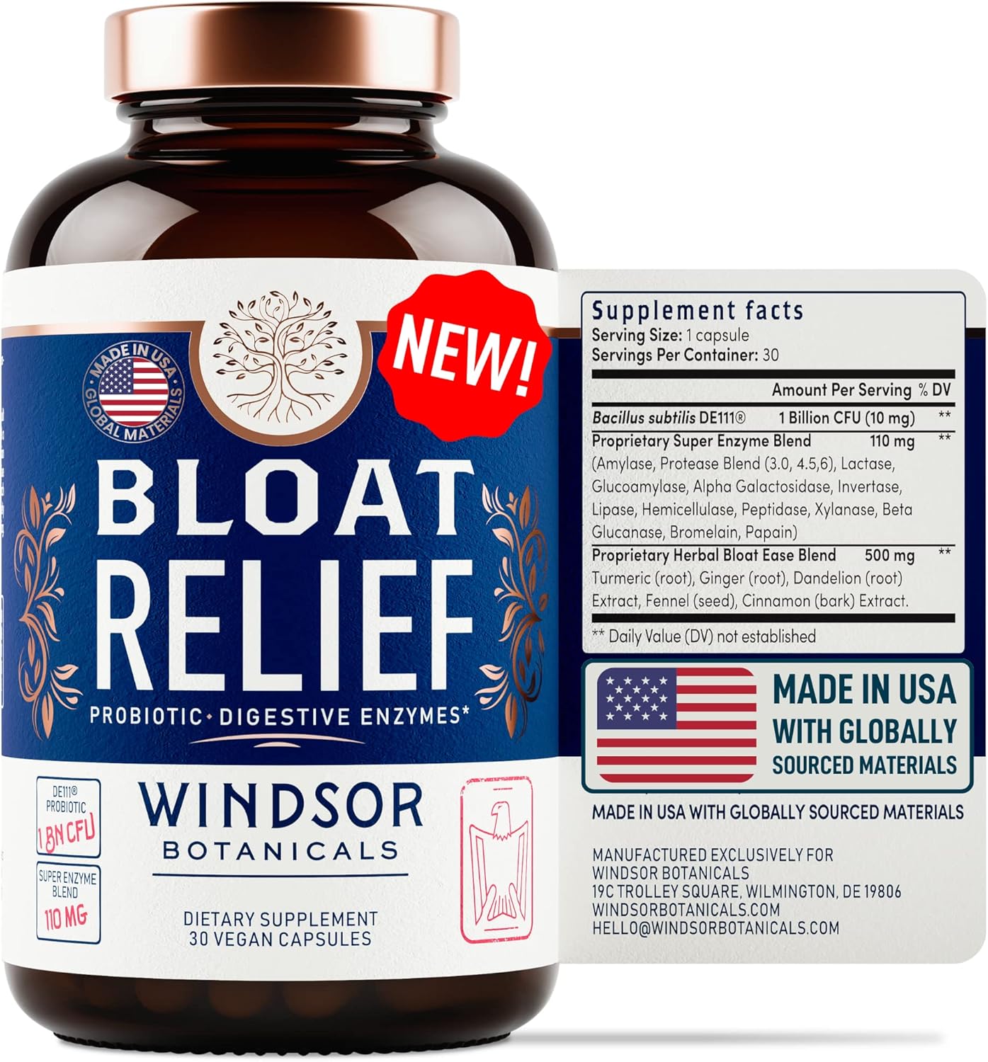 WINDSOR BOTANICALS Bloat Relief Probiotic Enzymes with Turmeric and Fennel - Digestive Health Supplement for Men and Women - 30 Capsules