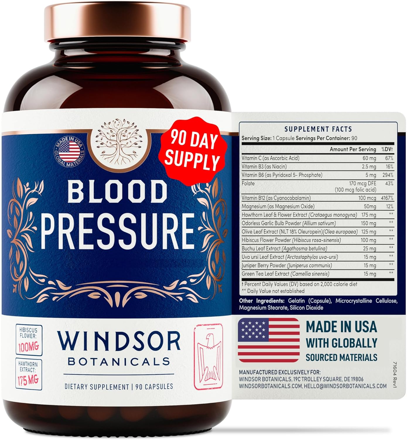 WINDSOR BOTANICALS Blood Pressure Support Supplement with Green Tea, Hibiscus, Hawthorn, Garlic - 90 Capsules, 3 Month Supply - Natural Blood Pressure Vitamin