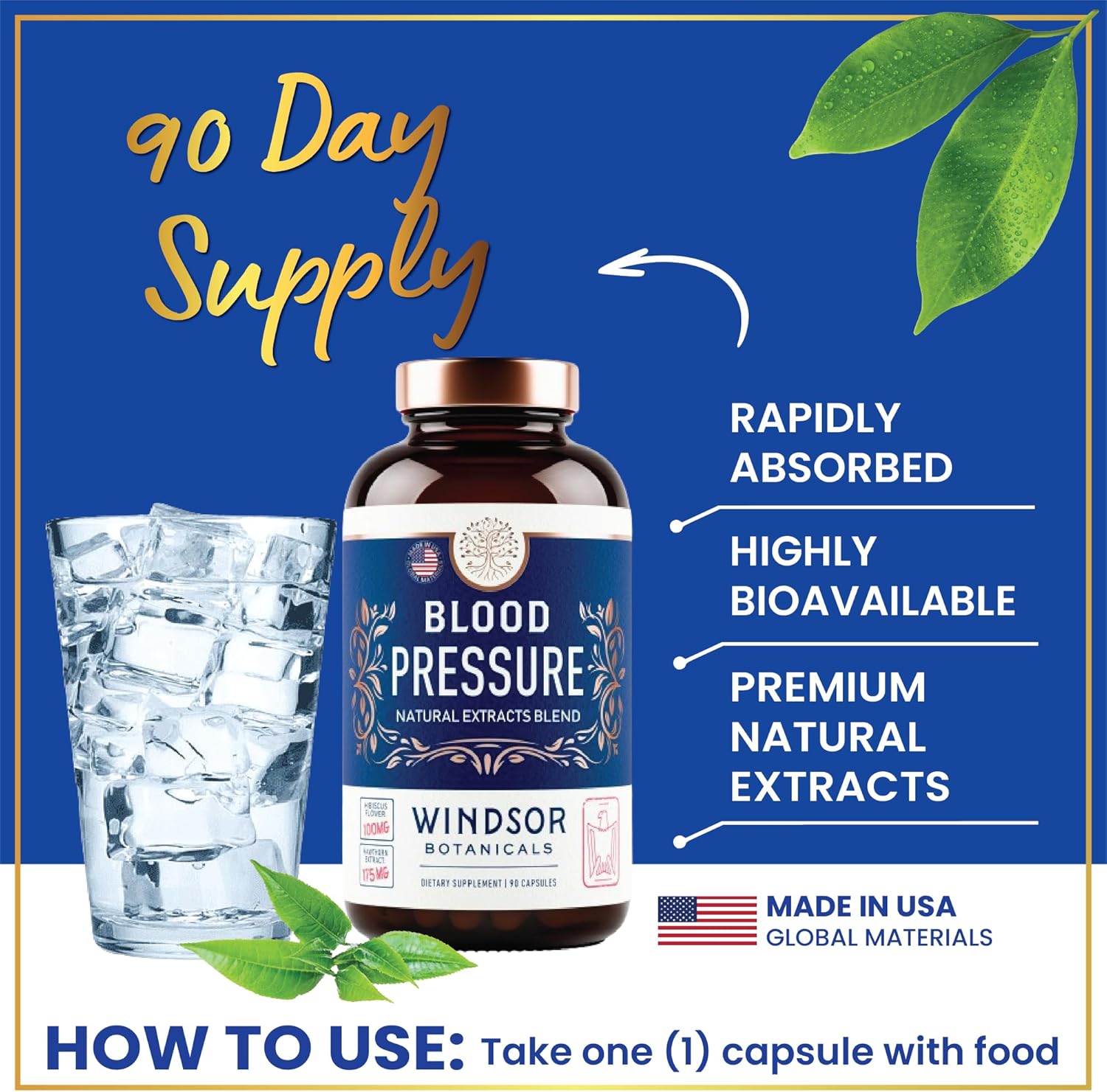 WINDSOR BOTANICALS Blood Pressure Support Supplement with Green Tea, Hibiscus, Hawthorn, Garlic - 90 Capsules, 3 Month Supply - Natural Blood Pressure Vitamin