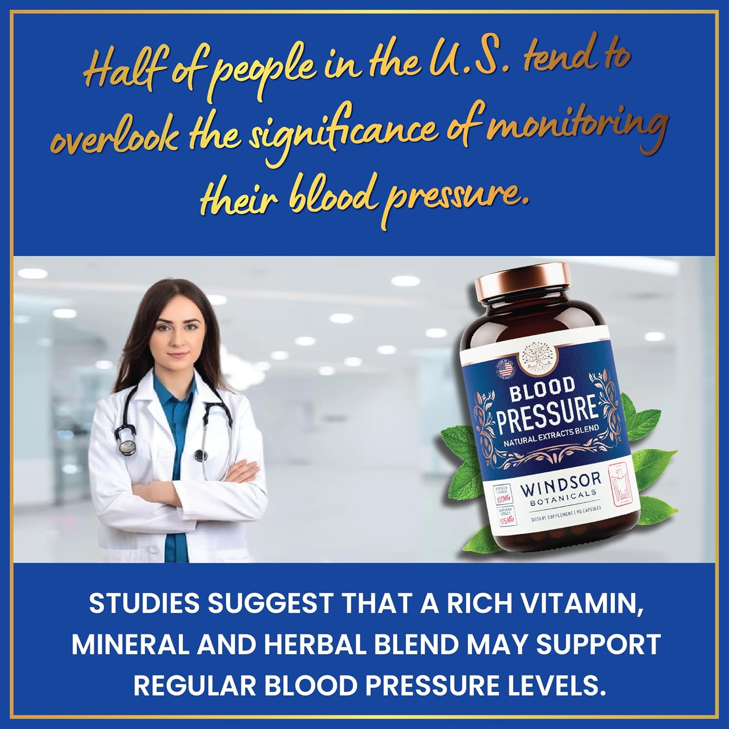 WINDSOR BOTANICALS Blood Pressure Support Supplement with Green Tea, Hibiscus, Hawthorn, Garlic - 90 Capsules, 3 Month Supply - Natural Blood Pressure Vitamin