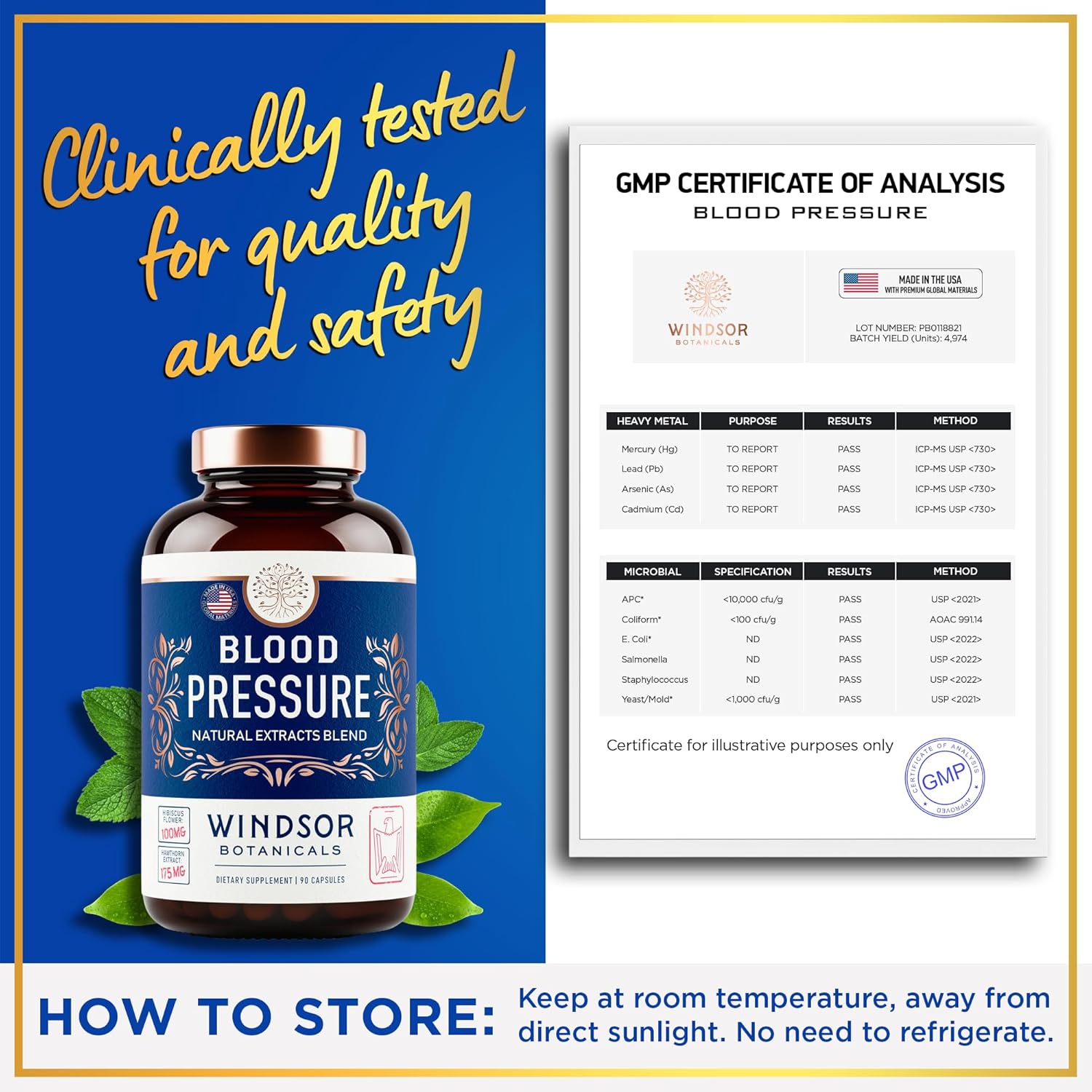 WINDSOR BOTANICALS Blood Pressure Support Supplement with Green Tea, Hibiscus, Hawthorn, Garlic - 90 Capsules, 3 Month Supply - Natural Blood Pressure Vitamin