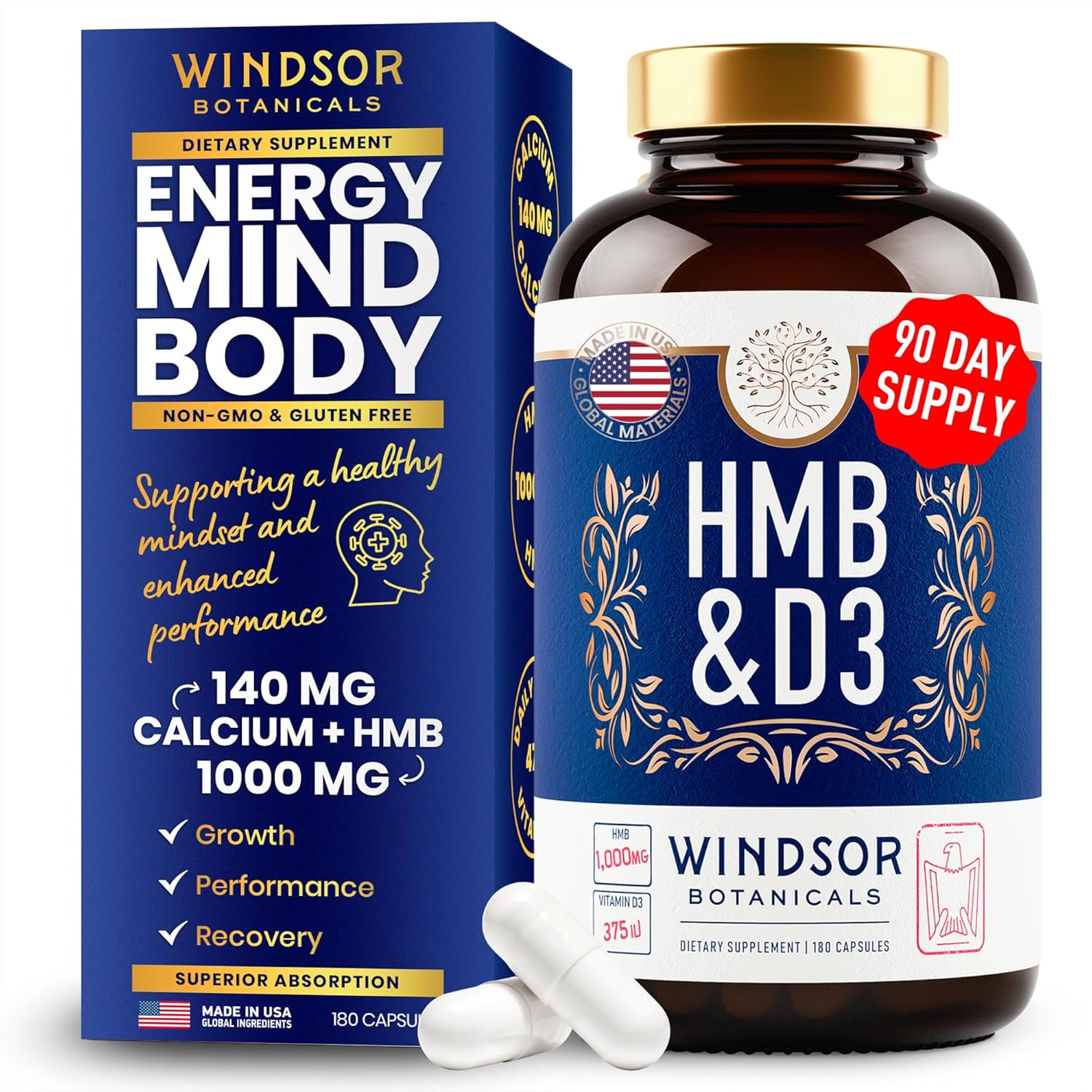 Windsor Botanicals HMB and Vitamin D3 Supplement - 1,000mg HMB Capsules with Calcium - Muscle Growth for Men and Women - 90 Day Supply