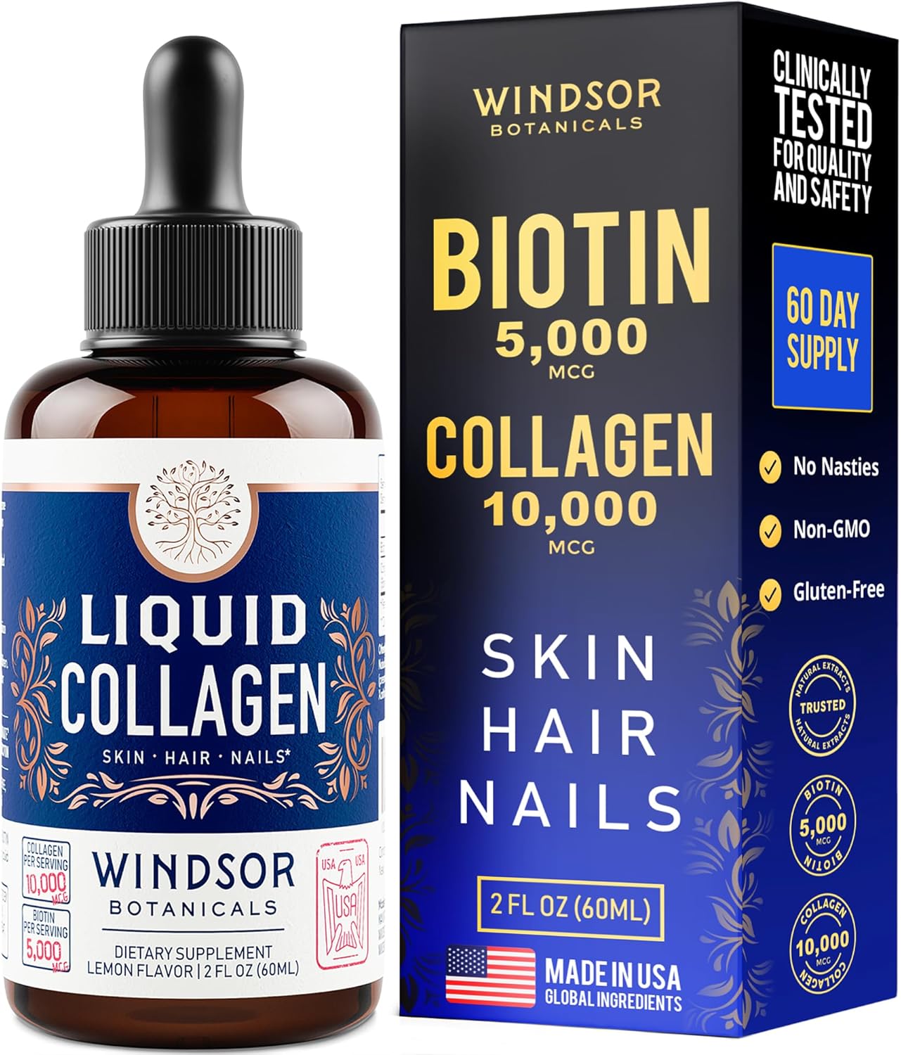WINDSOR BOTANICALS Liquid Collagen Peptides Supplement - Hair, Skin, Nail, Joint Support - 10,000mcg Collagen, 5,000mcg Biotin - Lemon Flavor - 2 oz - 2-Month Supply
