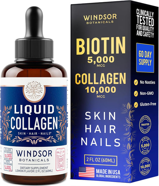 WINDSOR BOTANICALS Liquid Collagen Peptides Supplement - Hair, Skin, Nail, Joint Support - 10,000mcg Collagen, 5,000mcg Biotin - Lemon Flavor - 2 oz - 2-Month Supply