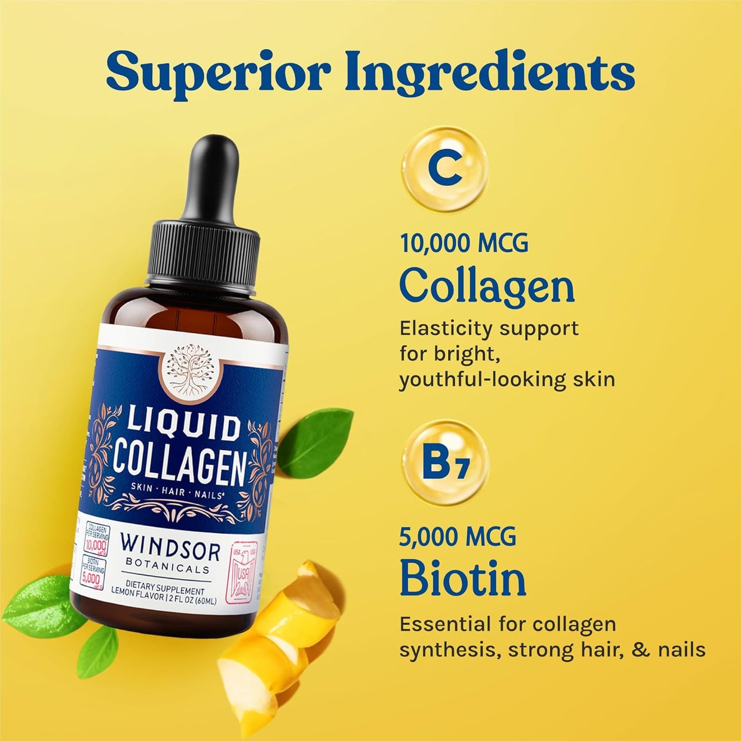 WINDSOR BOTANICALS Liquid Collagen Peptides Supplement - Hair, Skin, Nail, Joint Support - 10,000mcg Collagen, 5,000mcg Biotin - Lemon Flavor - 2 oz - 2-Month Supply