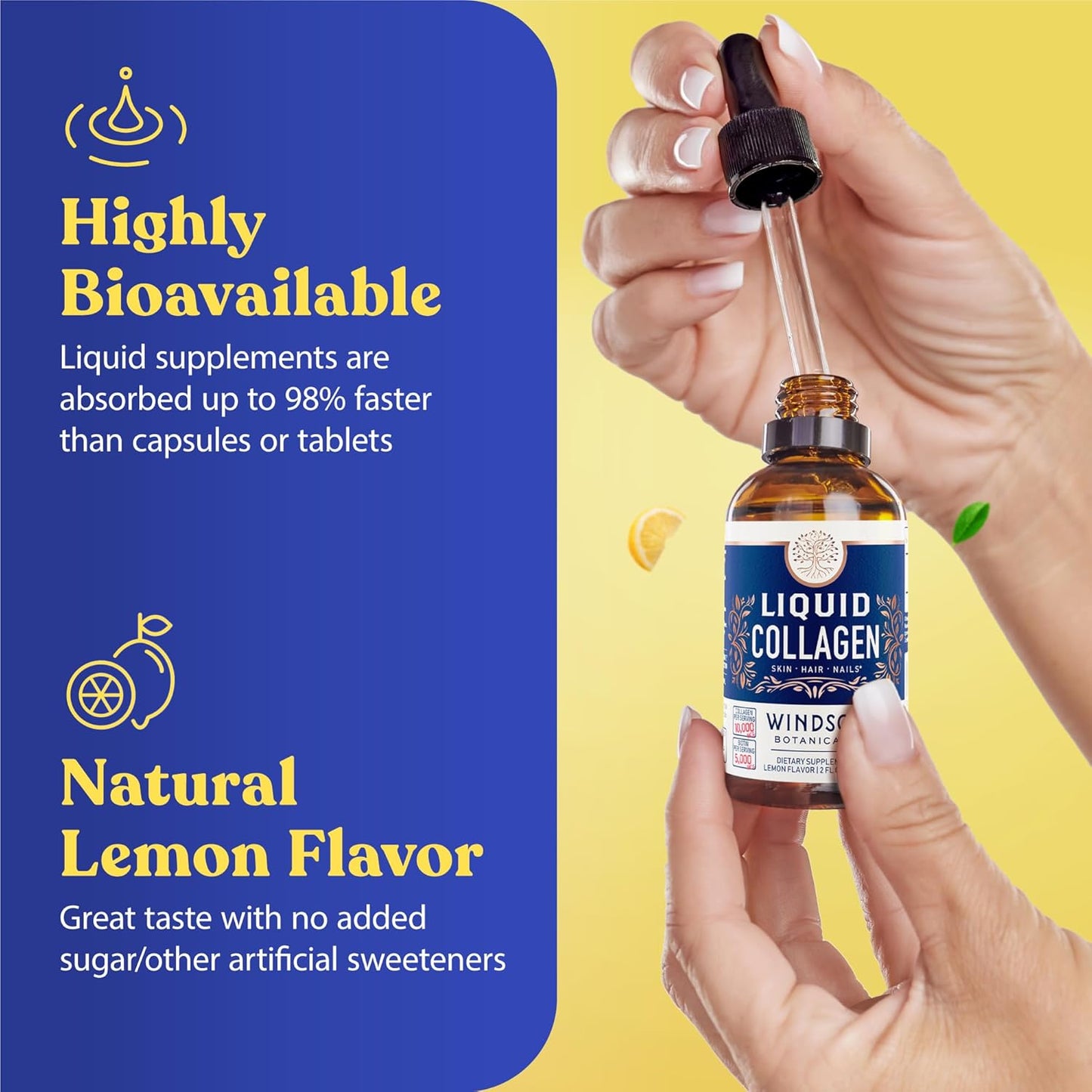 WINDSOR BOTANICALS Liquid Collagen Peptides Supplement - Hair, Skin, Nail, Joint Support - 10,000mcg Collagen, 5,000mcg Biotin - Lemon Flavor - 2 oz - 2-Month Supply
