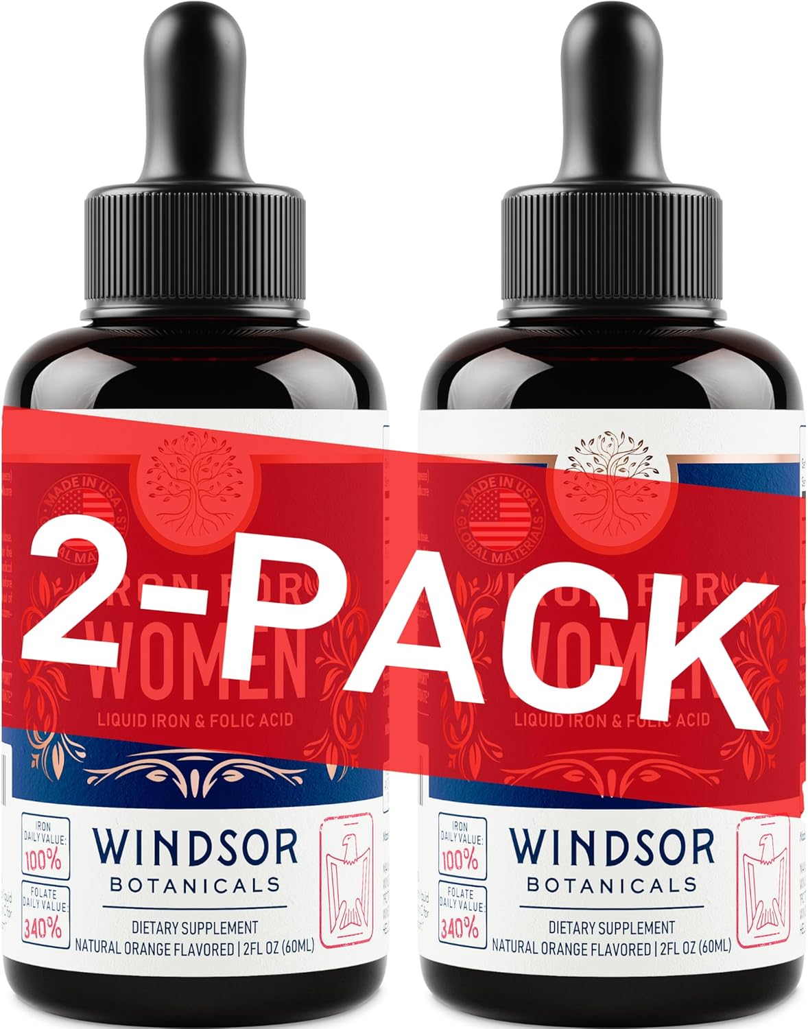 WINDSOR BOTANICALS Liquid Iron Supplement 2-Pack for Women - Folic Acid, Vitamin C, Vegan Anemia Support - Orange Flavor - 2x2oz
