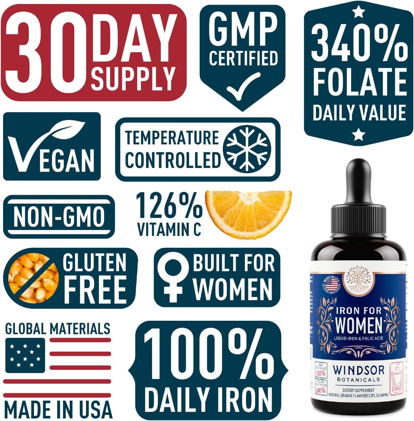 WINDSOR BOTANICALS Liquid Iron Supplement 2-Pack for Women - Folic Acid, Vitamin C, Vegan Anemia Support - Orange Flavor - 2x2oz