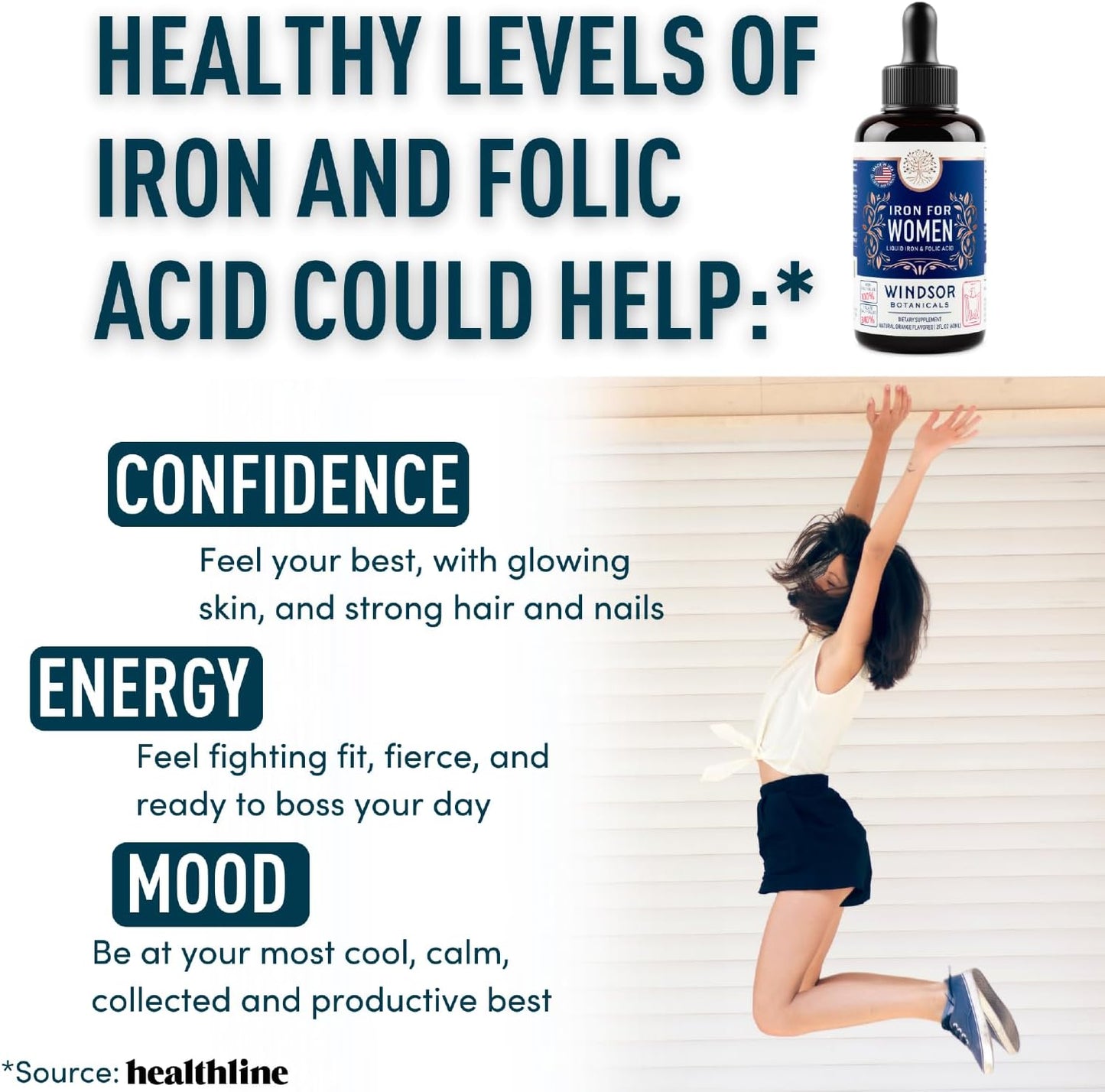 WINDSOR BOTANICALS Liquid Iron Supplement 2-Pack for Women - Folic Acid, Vitamin C, Vegan Anemia Support - Orange Flavor - 2x2oz