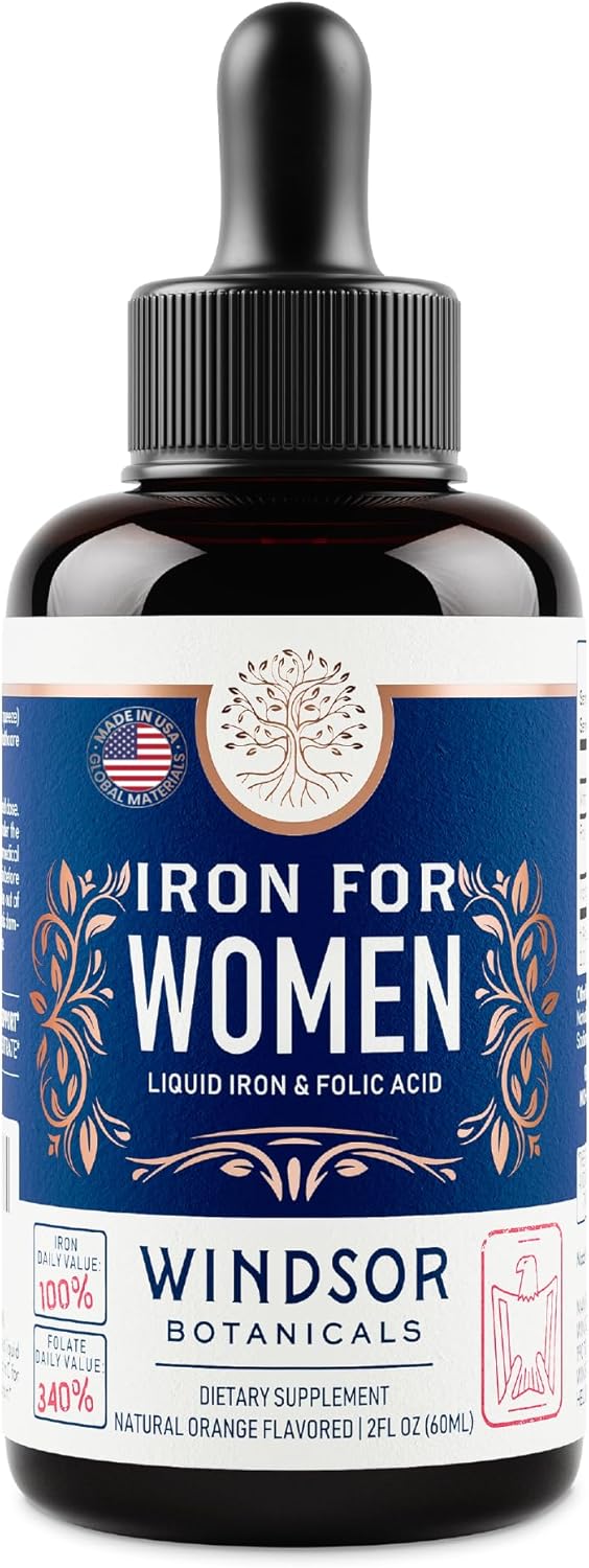 WINDSOR BOTANICALS Liquid Iron Supplement 2-Pack for Women - Folic Acid, Vitamin C, Vegan Anemia Support - Orange Flavor - 2x2oz