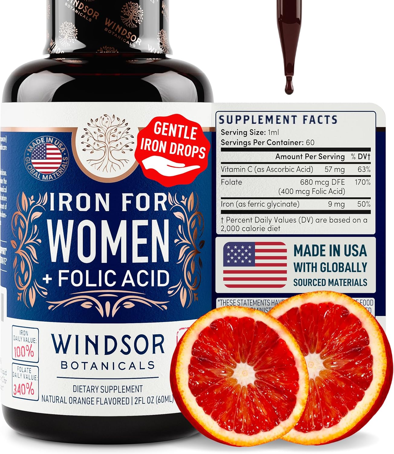 WINDSOR BOTANICALS Liquid Iron Supplement with Folic Acid and Vitamin C - Vegan Blood Builder and Anemia Support - 2 oz Orange Flavor Iron Drops for Women