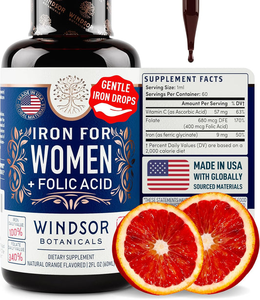 WINDSOR BOTANICALS Liquid Iron Supplement with Folic Acid and Vitamin C - Vegan Blood Builder and Anemia Support - 2 oz Orange Flavor Iron Drops for Women