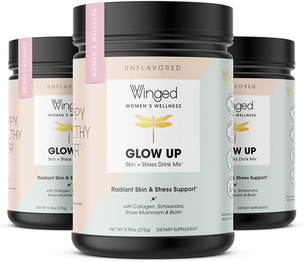 Winged Glow Up Collagen Powder 3 Pack for Women - Hair, Skin, Nails & Stress Relief - Grass Fed Peptides with Adaptogens, Vitamin C & Biotin - Unflavored (75 Servings)