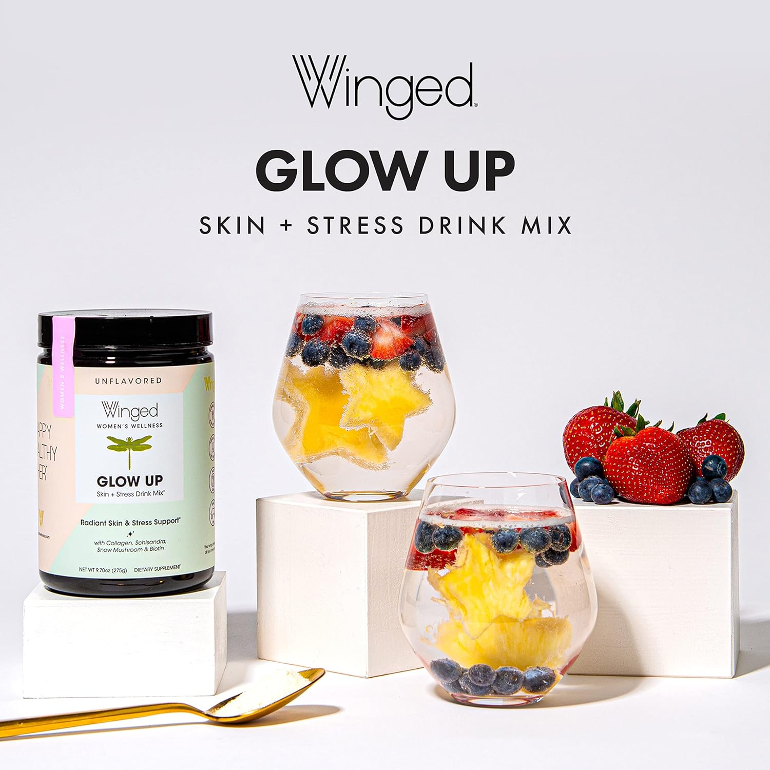 Winged Glow Up Collagen Powder 3 Pack for Women - Hair, Skin, Nails & Stress Relief - Grass Fed Peptides with Adaptogens, Vitamin C & Biotin - Unflavored (75 Servings)