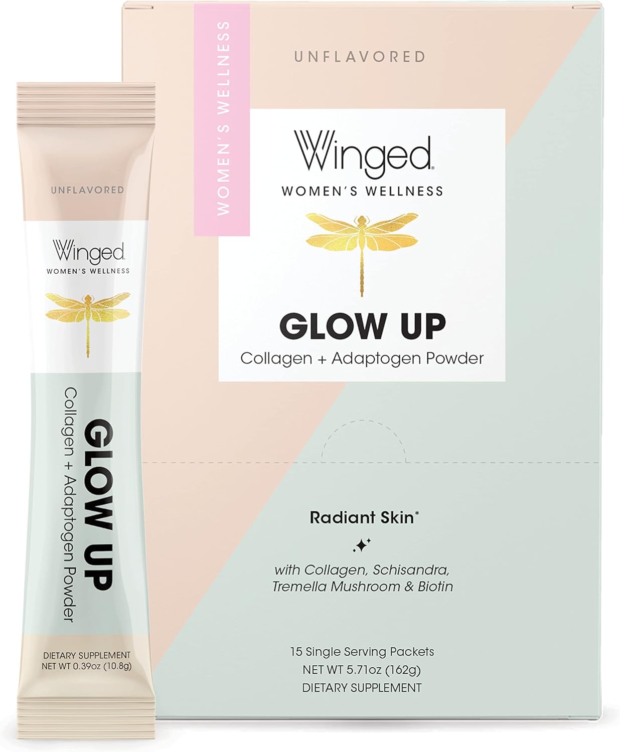 Winged Wellness Collagen Powder with Adaptogens for Hair, Skin, Nails - Grass Fed Peptides with Schisandra, Snow Mushroom, Vitamin C & Biotin - Unflavored, Non GMO - 15 Count