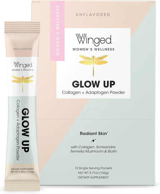 Winged Wellness Collagen Powder with Adaptogens for Hair, Skin, Nails - Grass Fed Peptides with Schisandra, Snow Mushroom, Vitamin C & Biotin - Unflavored, Non GMO - 15 Count