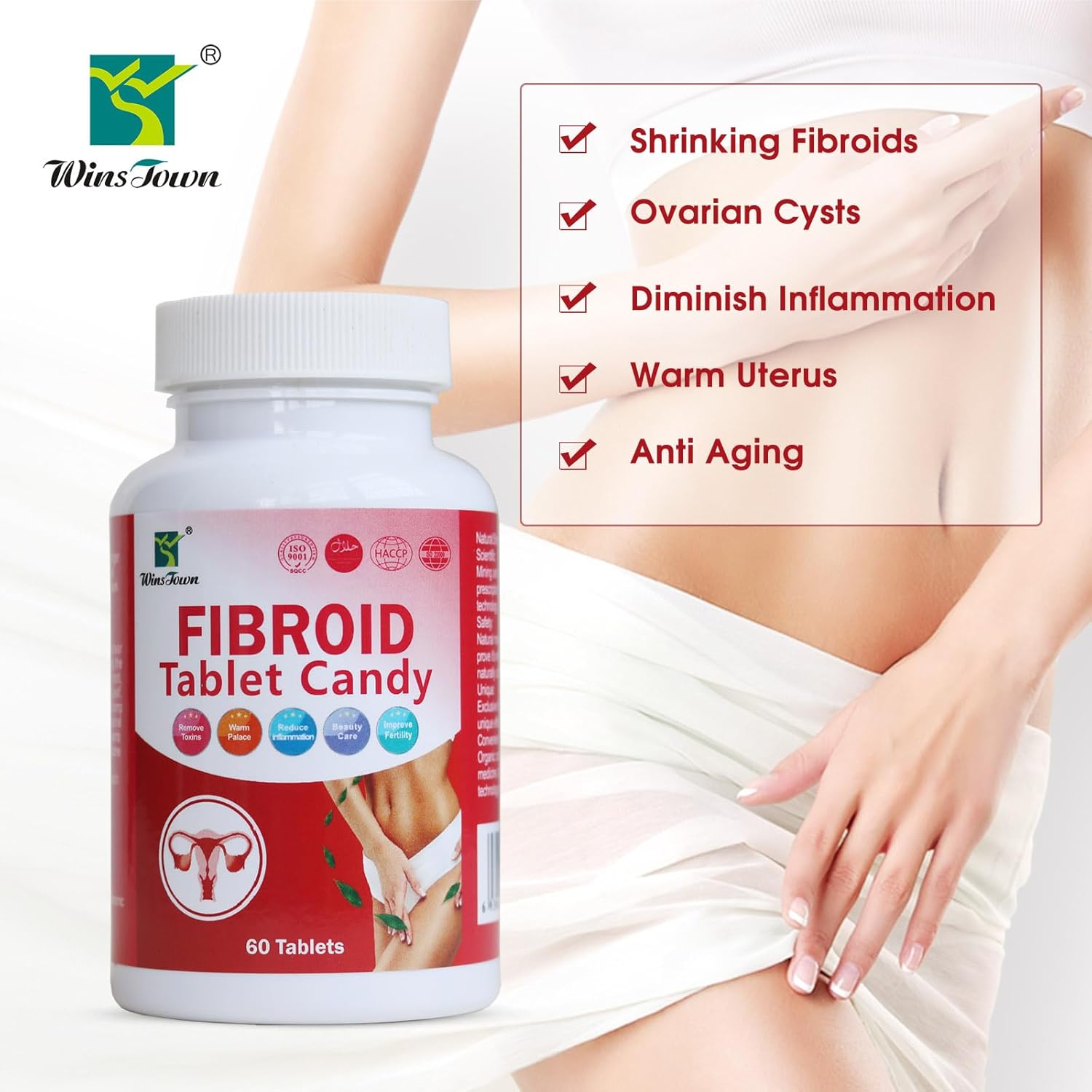 Wins Town Fibroid & Ovarian Cyst Shrinking Supplement, 1000mg Sugar Tablets for Women - 60 Count