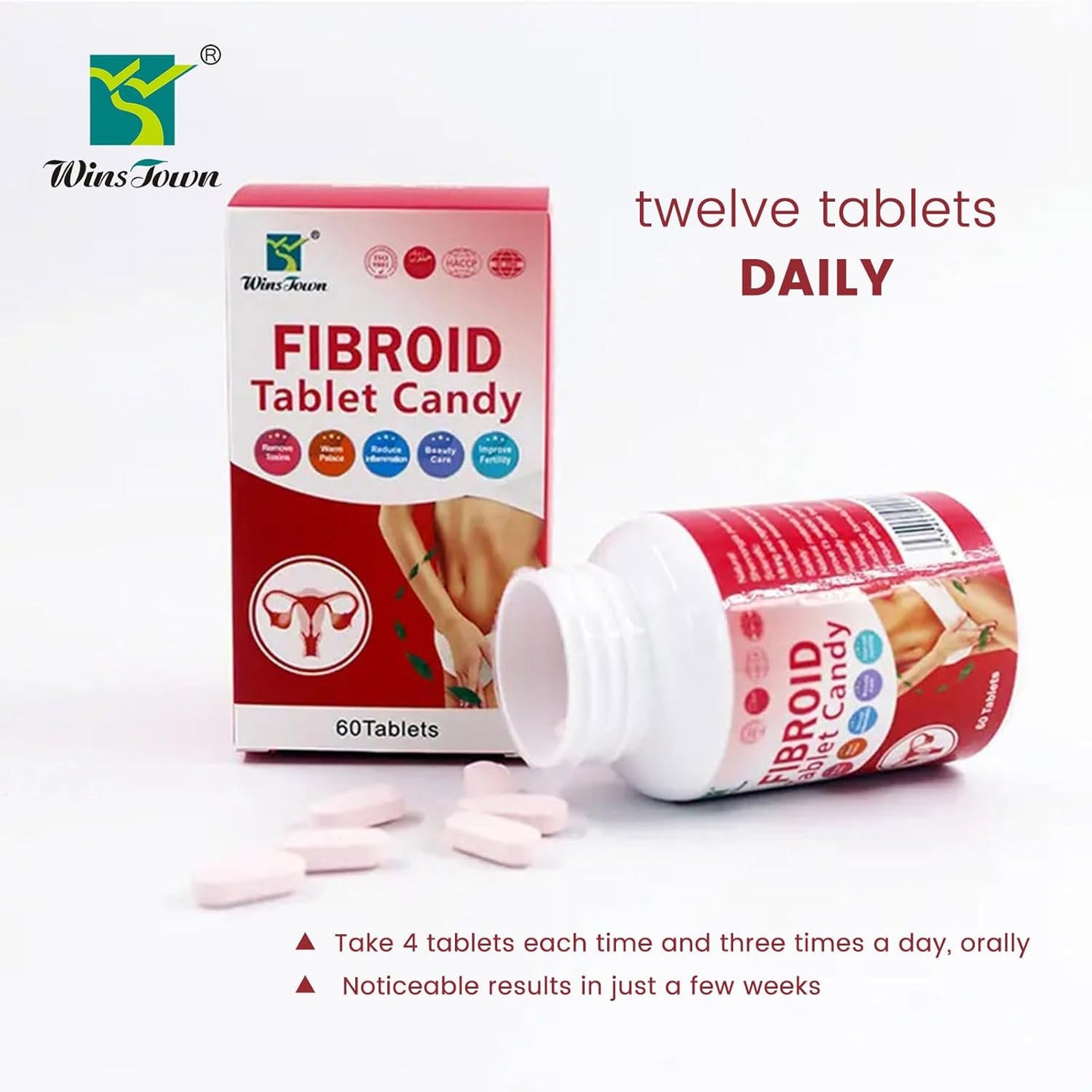 Wins Town Fibroid & Ovarian Cyst Shrinking Supplement, 1000mg Sugar Tablets for Women - 60 Count