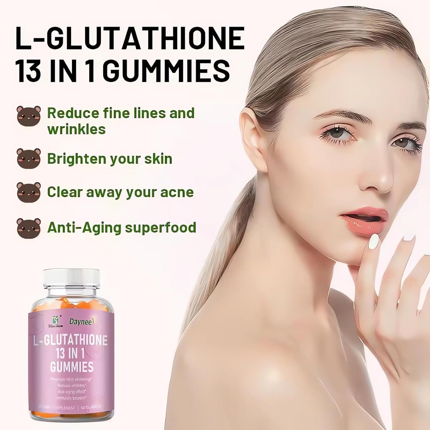 Wins Town L-Glutathione Gummies 1200mg - 13 in 1 Formula for Anti-Aging, Muscle Relief, and Immune Support - Strawberry Flavored Vegan Gummies - 60 Count