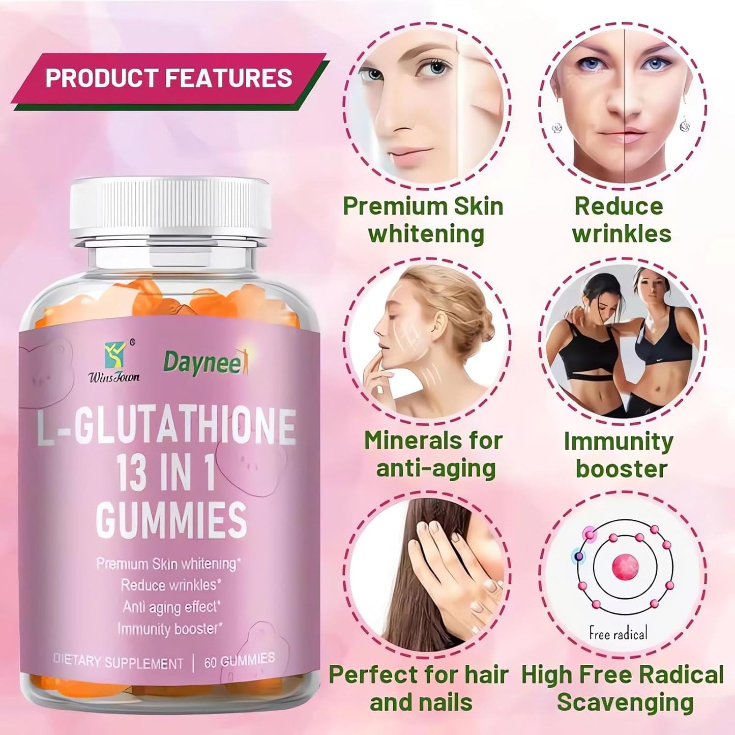 Wins Town L-Glutathione Gummies 1200mg - 13 in 1 Formula for Anti-Aging, Muscle Relief, and Immune Support - Strawberry Flavored Vegan Gummies - 60 Count