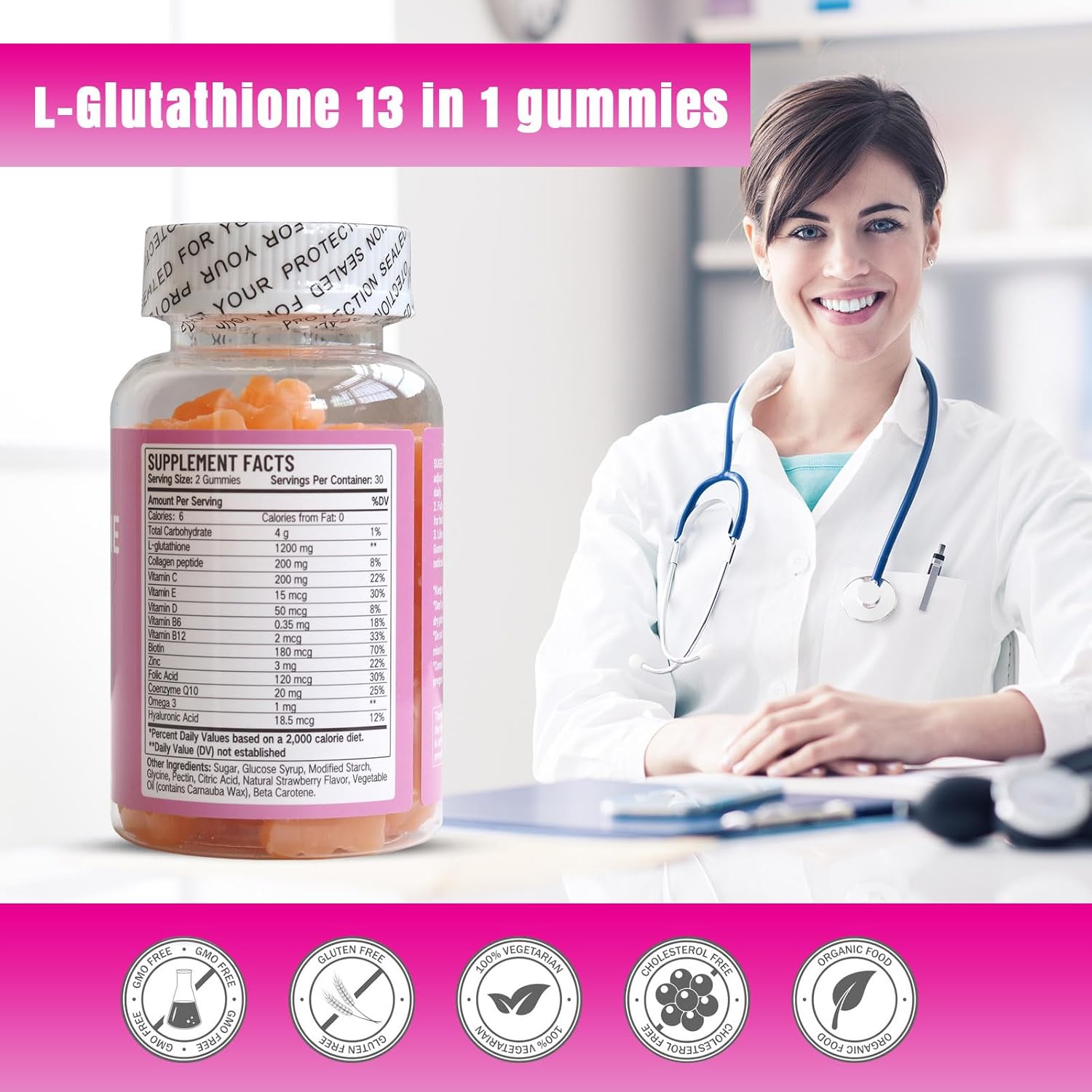 Wins Town L-Glutathione Gummies 1200mg - 13 in 1 Formula for Anti-Aging, Muscle Relief, and Immune Support - Strawberry Flavored Vegan Gummies - 60 Count