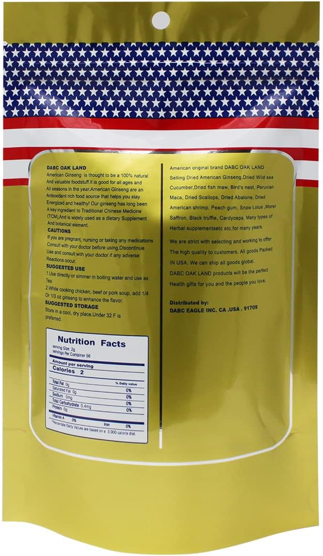 Wisconsin Grown DABC OAK LAND DOL American Ginseng Slices - Ideal for Making Ginseng Tea - Health Benefits - 4oz Bag