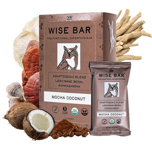 Wise Bar Adaptogen Mushroom Nutrition Bars | Mocha Coconut Flavor | 12 Count | Functional Mushrooms and Adaptogens Bar | Organic Nutrition Energy Bars, Vegan, Gluten Free