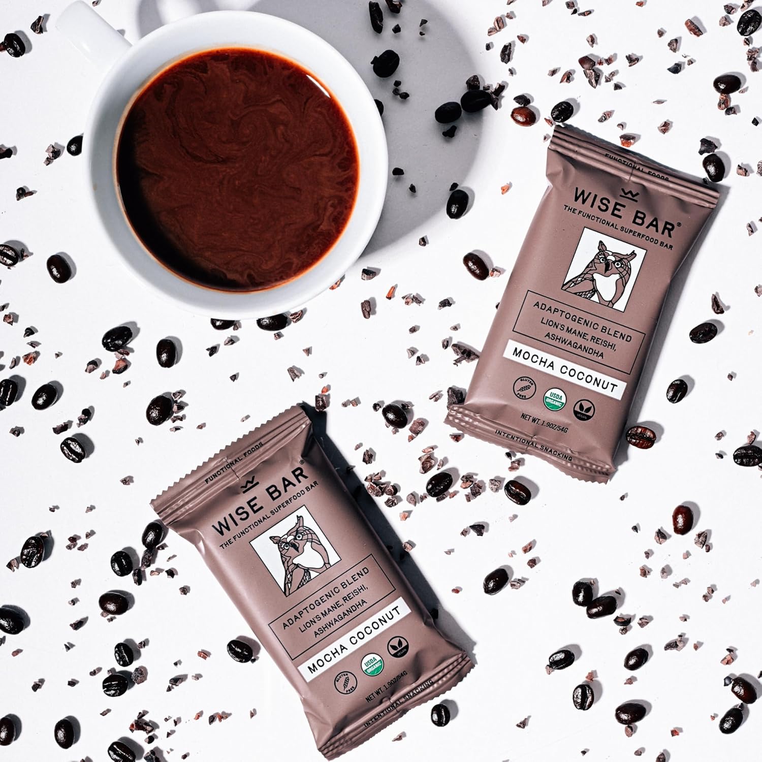 Wise Bar Adaptogen Mushroom Nutrition Bars | Mocha Coconut Flavor | 12 Count | Functional Mushrooms and Adaptogens Bar | Organic Nutrition Energy Bars, Vegan, Gluten Free