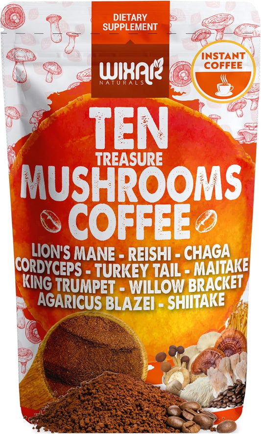Wixar Naturals Mushroom Coffee Blend - 10 Mushroom Extract Instant Coffee with Lion's Mane, Turkey Tail, Reishi, Chaga, Shiitake, Maitake, Cordyceps - 5oz Powder Supplement