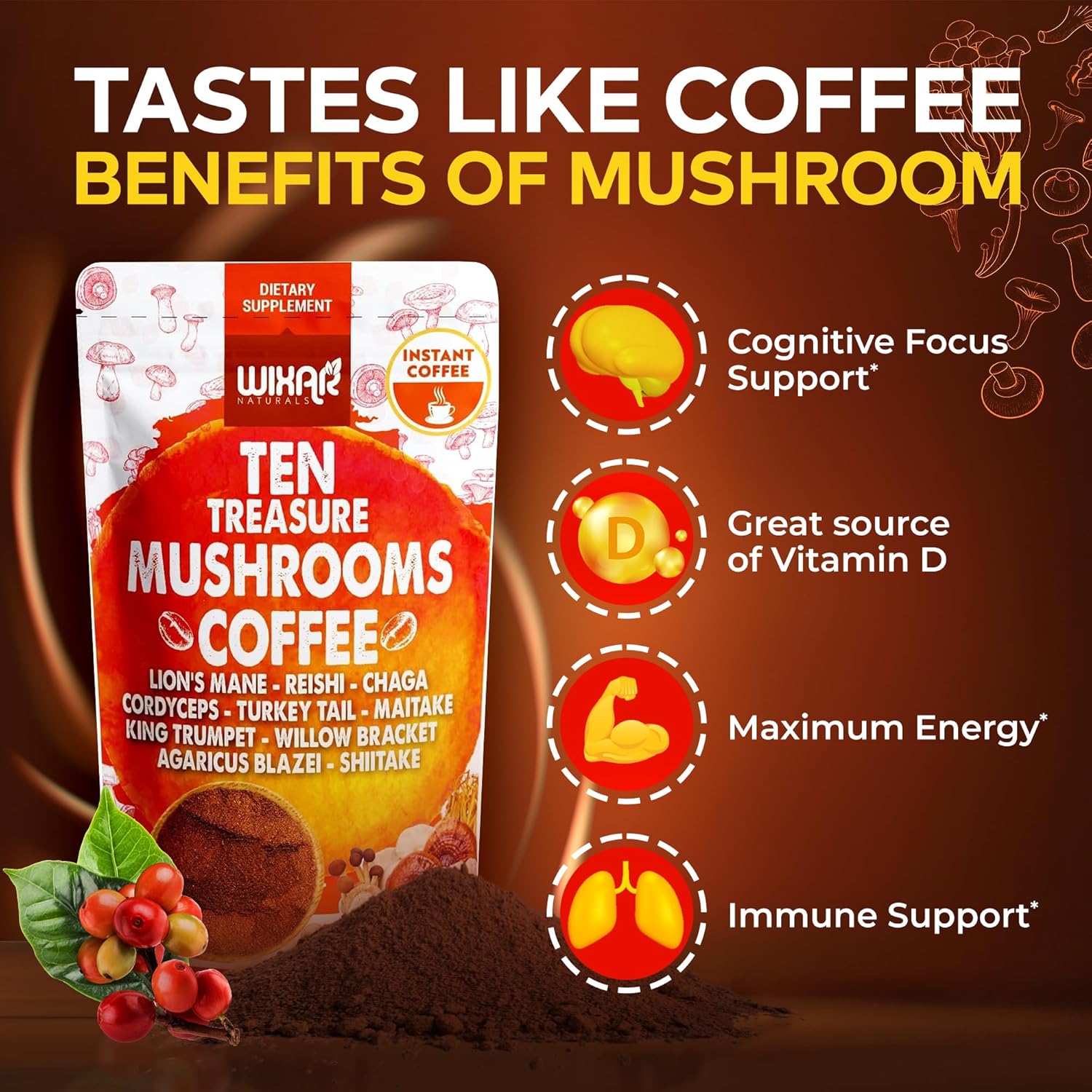 Wixar Naturals Mushroom Coffee Blend - 10 Mushroom Extract Instant Coffee with Lion's Mane, Turkey Tail, Reishi, Chaga, Shiitake, Maitake, Cordyceps - 5oz Powder Supplement