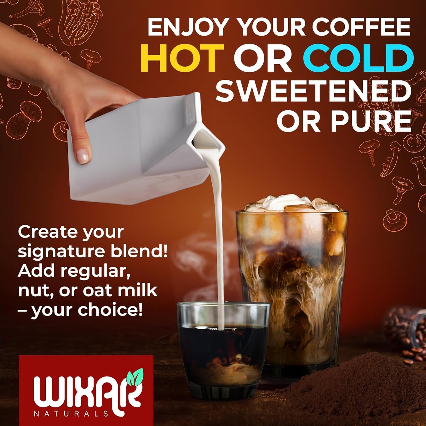 Wixar Naturals Mushroom Coffee Blend - 10 Mushroom Extract Instant Coffee with Lion's Mane, Turkey Tail, Reishi, Chaga, Shiitake, Maitake, Cordyceps - 5oz Powder Supplement