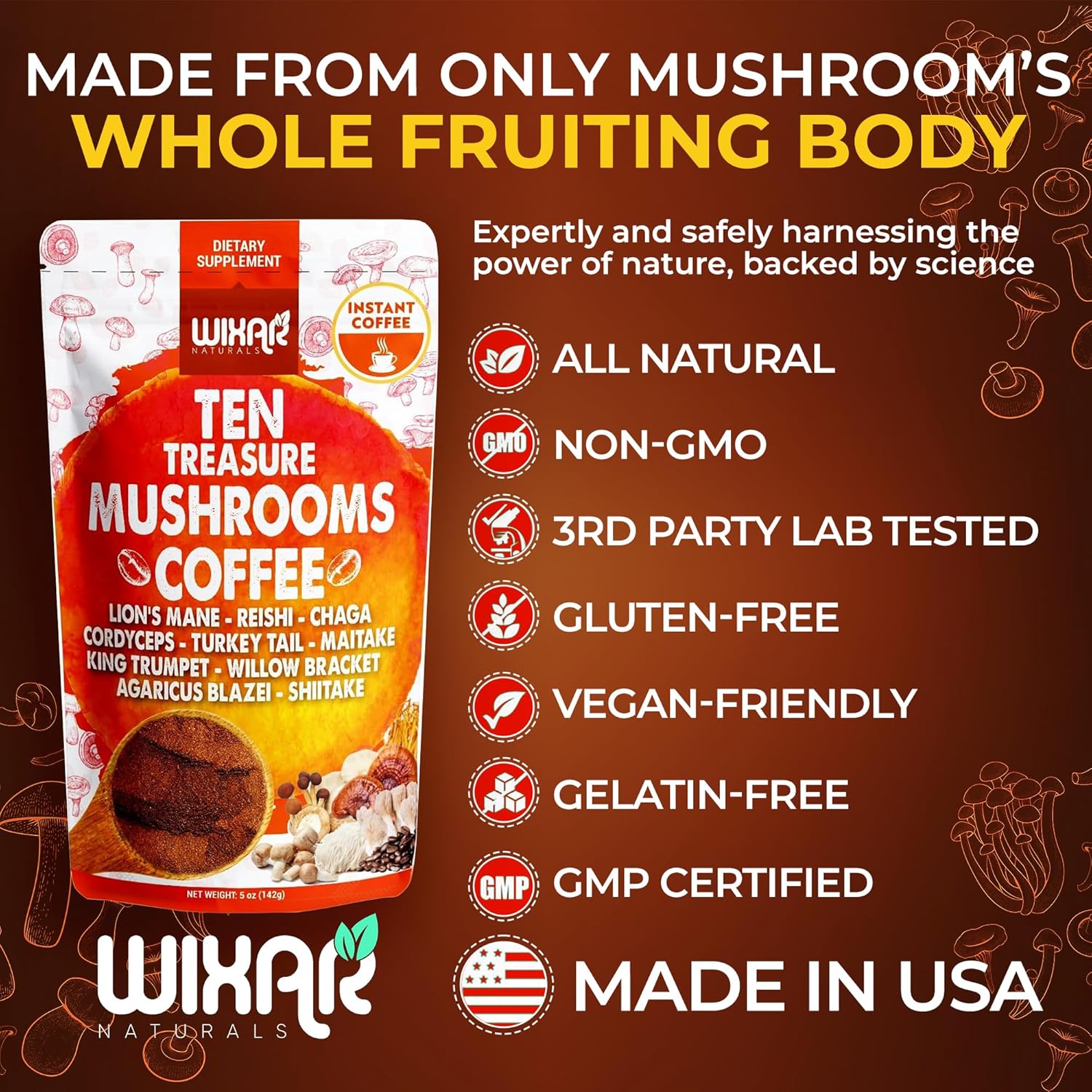 Wixar Naturals Mushroom Coffee Blend - 10 Mushroom Extract Instant Coffee with Lion's Mane, Turkey Tail, Reishi, Chaga, Shiitake, Maitake, Cordyceps - 5oz Powder Supplement