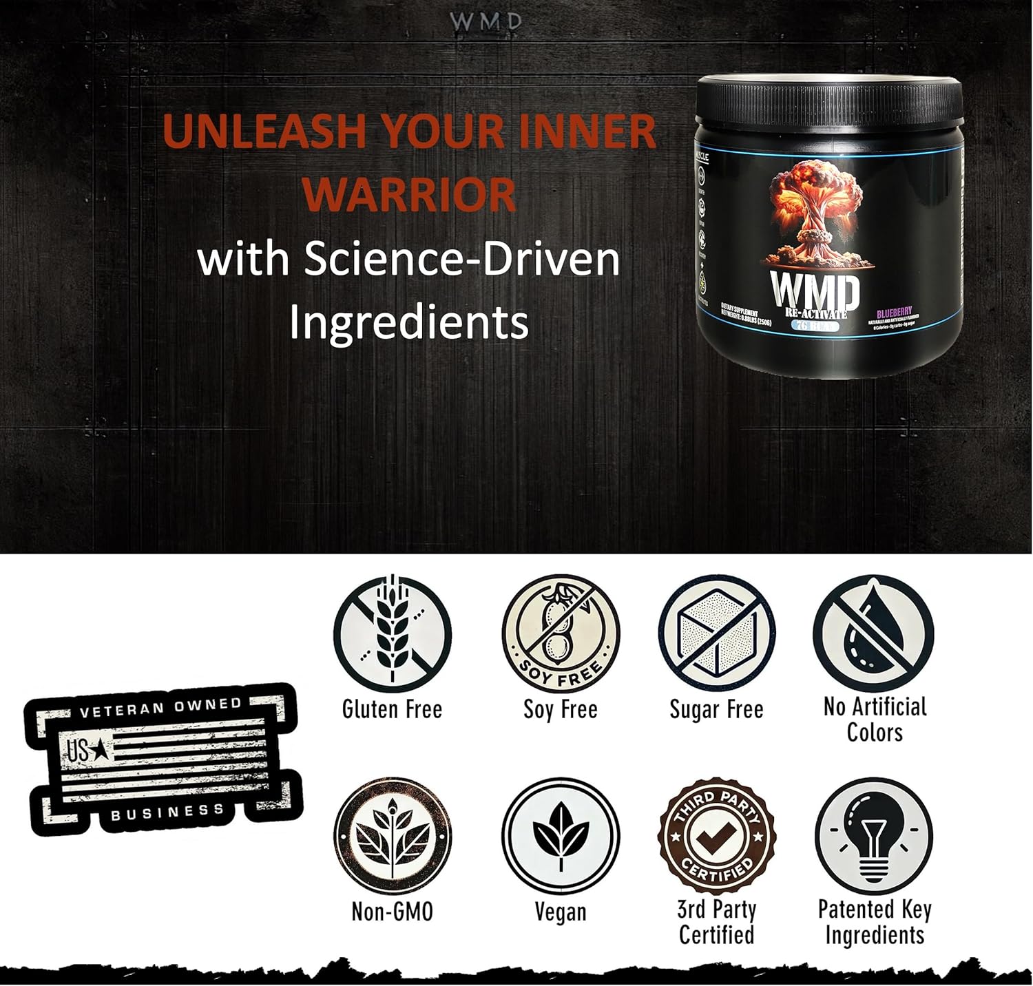 WMD Re-Activate BCAA Powder - Blueberry Flavor, 250g - Amino Acids for Muscle Growth, Repair, & Recovery - Gluten Free, Sugar Free, Non-GMO, Vegan - No Artificial Colors, Patented Ingredients