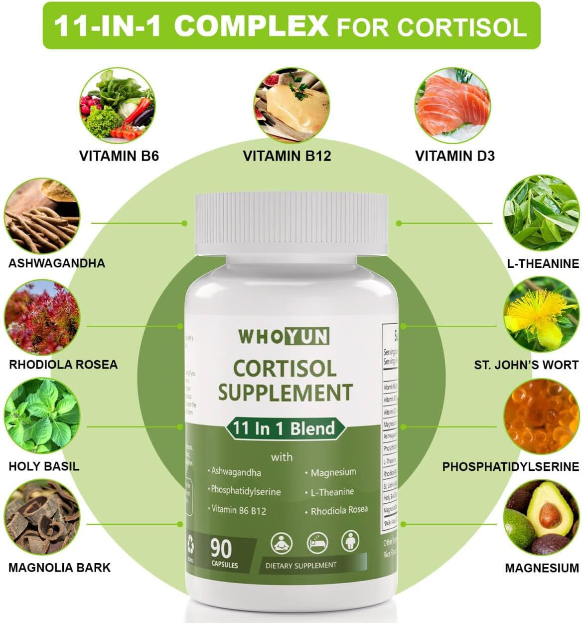 Women's 11-in-1 Lower Cortisol Supplement with Ashwagandha & Magnesium - Vegan, 90 Capsules